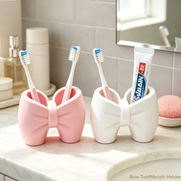 1/2pcs 3D Printed PLA Bow Toothbrush Holder, Matte 3D Bow Sculpture Craft, Dual Slot Multi-Functional Storage Design, Waterproof & Sturdy Structure, Bathroom Vanity Countertop Organizer, Couple Home Bathroom Decor Rack