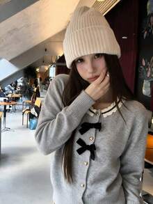 Korean Style Lace Trim Bow Single-Breasted Knit Cardigan Sweater For Women, Autumn/Winter Elegant Knitwear - Grey - View 3