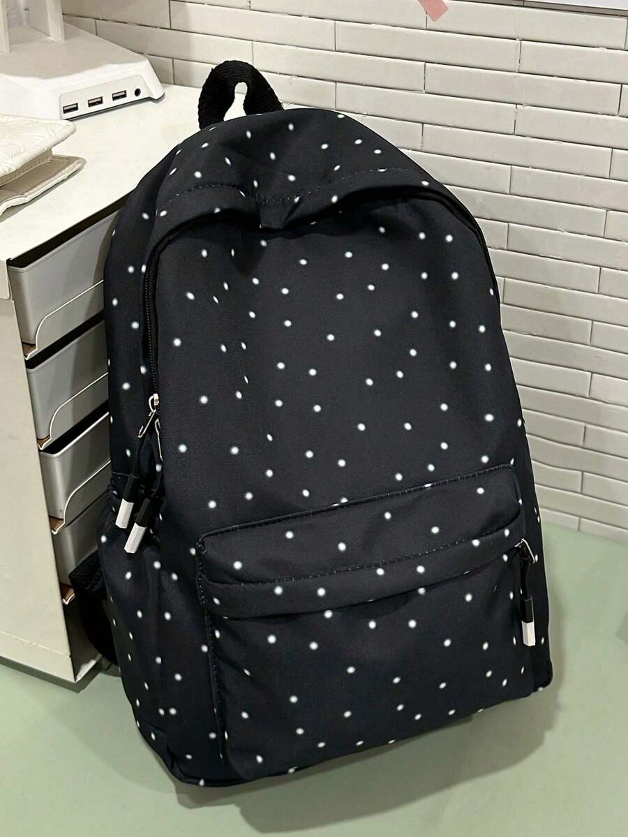 時尚波點大容量女款後背包,中學生與大學生校園開學書包 - 黑色 - 查看 1