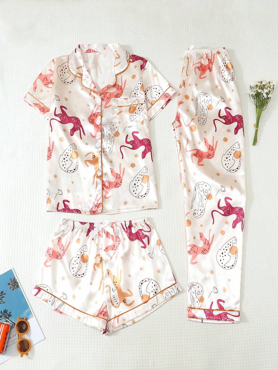 Women's Animal Print Satin Pajama Set, Short Sleeve Top, Shorts & Long Pants, 3 Pieces - Champagne - View 1