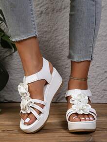 Women's New Woven Double Strap Wedge Bow Decor Peep Toe Sweet Platform High Heel Sandals - White - View 7