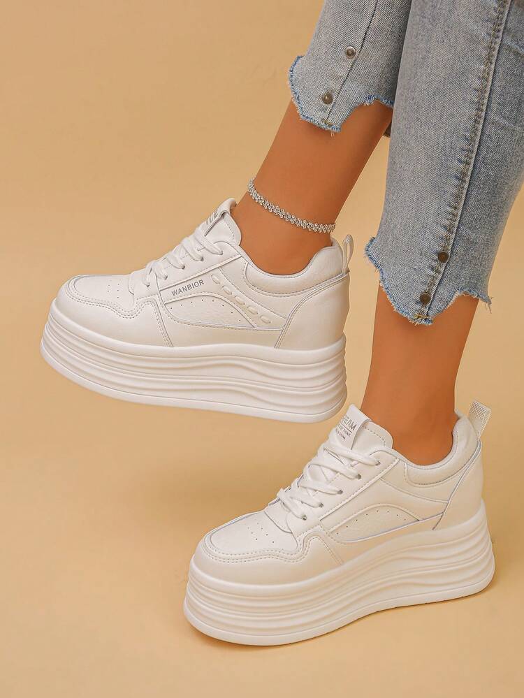 Women's Wedge Platform Sneakers, Letter Print Solid Color, Casual Lace-Up Sporty Style, Indoor/Outdoor, Spring/Autumn - White - View 4