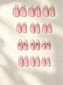 24pcs Long Almond Shape Press-On Nails, 3D Gel Flower And Polka Dot Pattern, Decorated With Small Steel Beads, Acrylic Artificial Nails - Multicolor - View 2