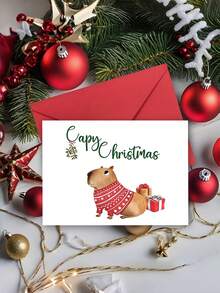 1pc Cute Christmas Card With Envelope, Printed Capybara In Xmas Jumper & Gift Boxes, "Capy Christmas", For Wife, Husband & Animal Lovers, Holiday Gift Exchange, Blank Inside - A - View 3