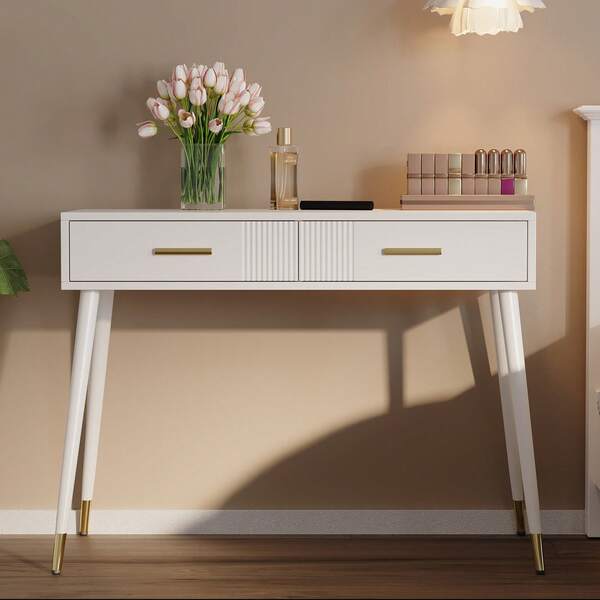White Makeup Vanity With 2 Drawers - Modern Desk