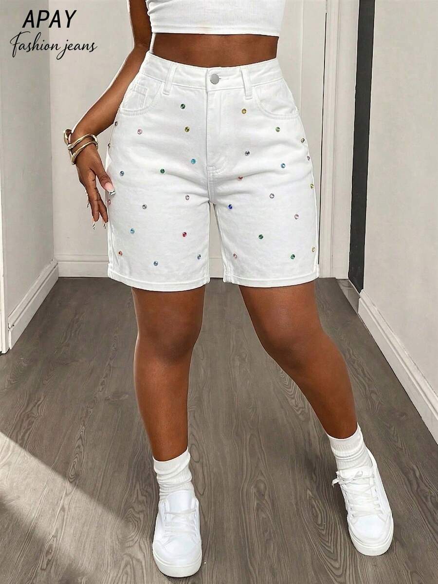 Women's Casual Rhinestone Button Fly Denim Shorts, Versatile For Daily Wear White Summer