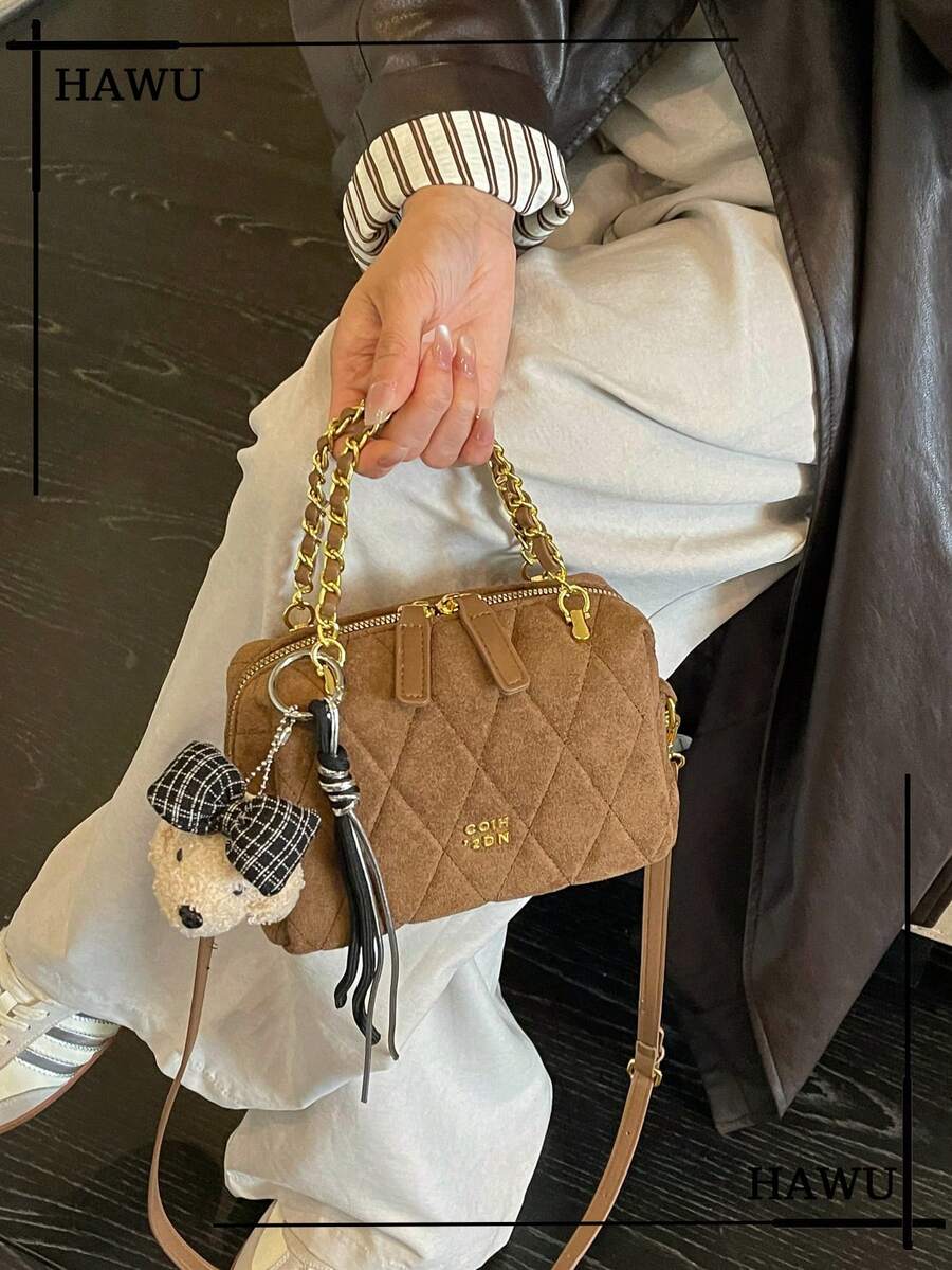 Quilted Faux Suede Mini Boston Bag For Women, Chain Handle Crossbody Purse, Small Shoulder Handbag With Bear Charm Pendant - Brown - View 1