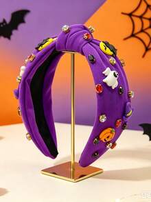 1 Stück Damen Halloween schweres Perlen- & Strass-Kürbis-Dekor verdrehter Haarreif - Violett - Übersicht 3