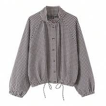 Women Gingham Plaid Cropped Jacket Stand Collar Raglan Sleeve Drawstring Hem Button Casual Coat - Brown - View 9