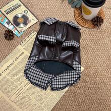 Patchwork Plaid Pet Leather Jacket, Small Cat & Dog Autumn/Winter Motorcycle Style Coat - Brown - View 6