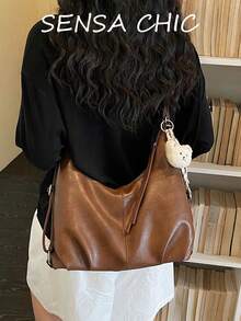 Relaxed Shoulder Bag, Soft Draping Body, With Adjustable And Detachable Shoulder Strap, Multiple Carrying Ways. Spacious Interior Storage, Neat Stitching, Lightweight And Comfortable To Wear, Suitable For Various Daily Outings, Versatile For Different Outfits, Balancing Aesthetic Appeal And Practicality. - Rust - View 5