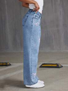 Teen Girls' Loose Fit Bow Print Casual Comfortable Flared Denim Jeans - Medium Wash - View 2