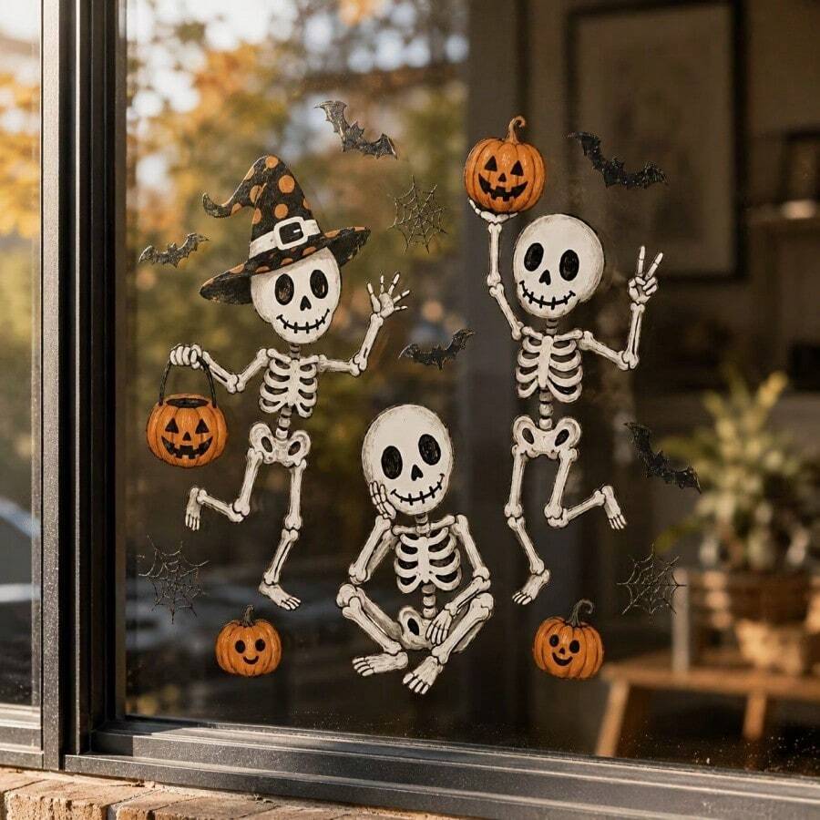 1pc Halloween Skeleton Pumpkin Window Sticker, Hand-Drawn Illustration Style Halloween Pattern Decorative Glass Sticker, Bat Spider Web Element Window Sticker Holiday Decoration, Glue-Free PVC Static Cling Sticker - View 1