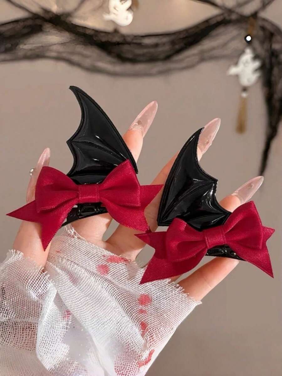2 Peças Presilhas de Cabelo de Pato com Laço, Asas de Morcego de Couro 3D de Diabinho para Halloween, Adequadas para Role-Playing, Acessórios de Fantasia para Festa de Feriado, Halloween, Páscoa, Dia dos Mortos, Acessórios de Cabelo para Cosplay