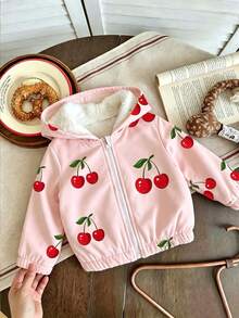 Baby Girl Cherry Print Warm Hooded Jacket - Pink - View 2