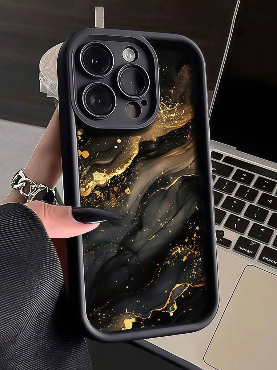 Matte Black Contrast Frame Phone Case, Black Background Fluid Gold Marble Ink Texture Printed Shockproof Soft TPU Protective Cover With Raised Camera Lens Frame, Compatible With Apple 11, 12, 13, 14, 15, 16, 17 Pro Max, Luxury Minimalist Neutral Style Phone Case Designed For Men And Women - Black - View 1