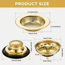 1 Set Gold/Black/Silver Kitchen Sink Drain Filter Strainer Set, Plated Sink Filter Basket With Push-Down Drain Plug, Anti-Clogging Sink Drain Cover, Suitable For Kitchen Sink, Random Color And Style - Multicolor - View 8