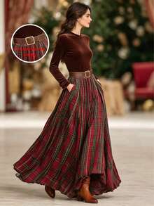 Pocket, Autumn/Winter Retro Plaid High-End Luxury Long Skirt For Commuting - Multicolor - View 3