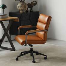 Office Chair Leather Brown - Wooden Arms - Brown - View 5