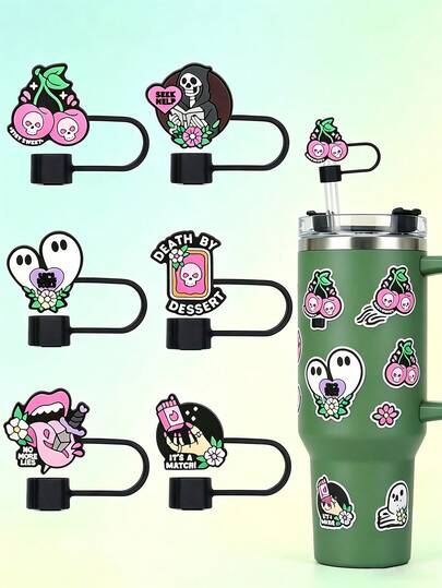 1/2/4/6pcs Halloween Cup Accessories,Cute Gothic Skull Ghost Cherry Straw Topper, Reusable Straw Cover Charms, Spooky Cartoon Pattern Dust Proof Straw Tips, Halloween Gifts, Photo Props,Cup Decorations