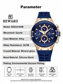 REWARD Men's Quartz Watch Business Fashion Style Calendar Luminous Hands Multi-Functional High Quality Gift Classic Design Stainless Steel Watch Band - Navy Blue - View 7