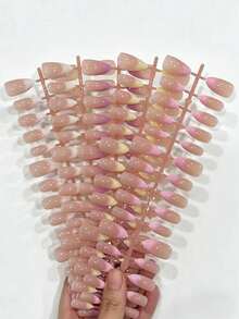 60pcs (2 Styles) Long Almond Shape Macaron Color Press-On Nail Stickers, Acrylic Fake Nails - Multicolor - View 1