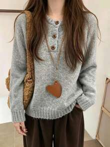 Women's Cozy Knit Sweater, Popular Daily Basic Style, Ribbed Cuffs Fuzzy Knit Top Fall - Grey - View 2
