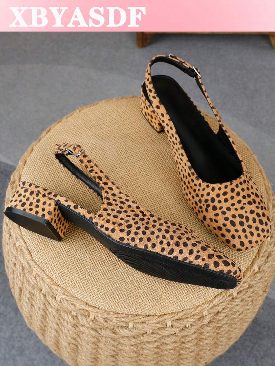 XBYASDF Women's Brown Leopard Print Suede Square Toe Slingback Chunky Heel Pumps, Buckle Strap Low Heel 3cm High Heel Shoes, Vintage Commute Versatile Sandals - Brown - View 1