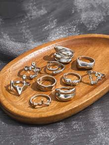 Set de 10 anillos plateados estilo punk con textura asimétrica, banda ancha brillante y arrugada, anillos apilables geométricos asimétricos tipo roca para mujer - Plateado - Ver 2