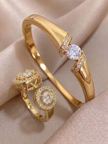 Solitär-Runddiamant offener Goldarmreif & Zweistiliger Cut Out Halo-Zirkonia-Ring Schmuckset, luxuriöser Hochzeits-Braut-Schmuck - Verschiedenfarbig - Übersicht 1