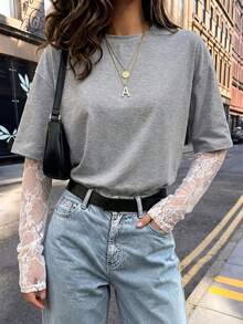 New Fashion Lace Patchwork Loose Colorblock T-Shirt, Solid Color Knit Fabric Lace Patchwork T-Shirt, Casual Style For Campus, Daily, Street, Back To School, Party - Grey - View 5