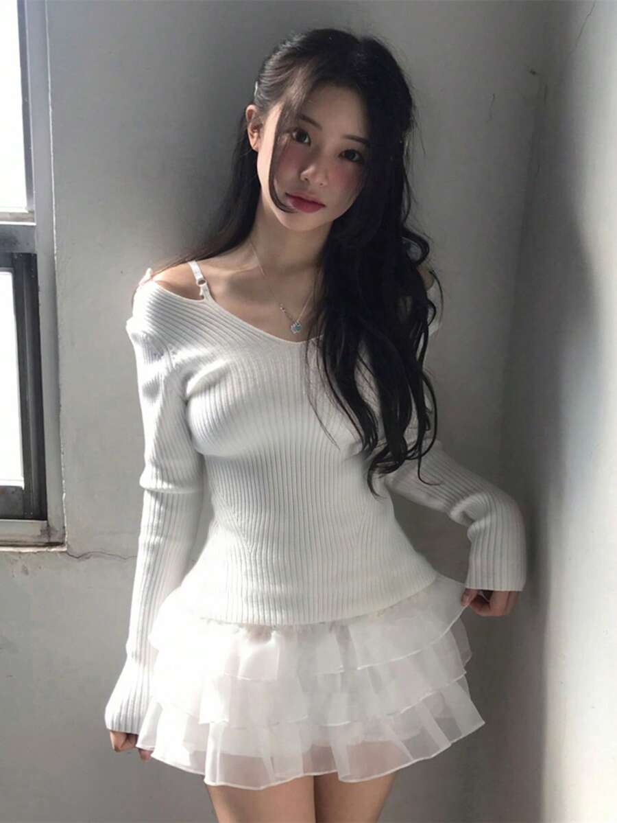 Women's Solid Color Casual Versatile Daily Wear Knit Top - White - View 1