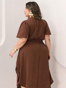 Duna Women's Plus Size Midi Wrap Dress With Short Sleeves - 鏽棕色 - 查看 3