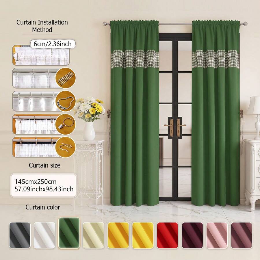 FLYINGCURTAINS Modern Plaid Patchwork Thermal Sunscreen Curtain With Window Rod Bag Style Light Translucent Privacy Window Screen, Farmhouse Style Home Decor Curtain - Dark Green - View 1