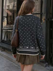 New Autumn/Winter Women's Casual Minimalist Retro Polka Dot Design Horn Button Knit Cardigan Sweater Jacket - Grey - View 4