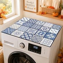 Luckybutterfly Blue & White Mosaic Floral Print Washing Machine Cover Mat, Anti-Slip Wear-Resistant Dust-Proof Countertop Protector Pad, Home Laundry Room Decorative Mat - Multicolor - View 2
