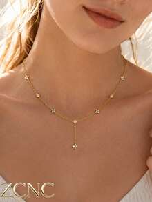 1pc 14k Gold Plated Women's Minimalist Luxury Elegant Crystal Four-Leaf Flower Necklace, Gift For Girlfriend, Christmas, Thanksgiving - Necklace 3 - View 6