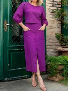 Women's Spring/Autumn Elegant Fashion Solid Color Round Neck Lantern Sleeve Top With Front Slit Pocket Skirt Set - Violet Purple - View 4