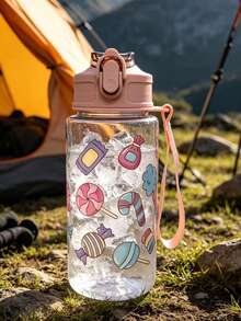 1PC 500ml Cartoon Transparent Straw Water Cup, 4 Cute Patterns: Candy, Unicorn, Airplane And Marine Life, Fresh Dopamine Color Palette. With Pop-Up Straw Lid, Portable Hanging Rope, Lightweight And Convenient For Back To School, Outdoor Camping, School Commute, Suitable For Kids. Can Hold Ice Water And Room Temperature Water, Do Not Fill With Hot Water Above 50°C, Perfect For Gifts Or Personal Use. - Multicolor - View 3