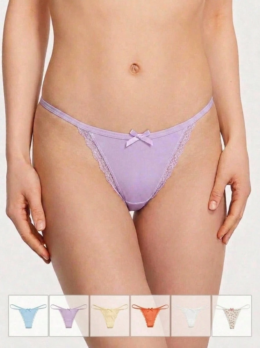 Aesletic 6pcs Comfortable Solid Color/Floral Print Women's Low-Rise Thong Panties - Multicolor - View 1