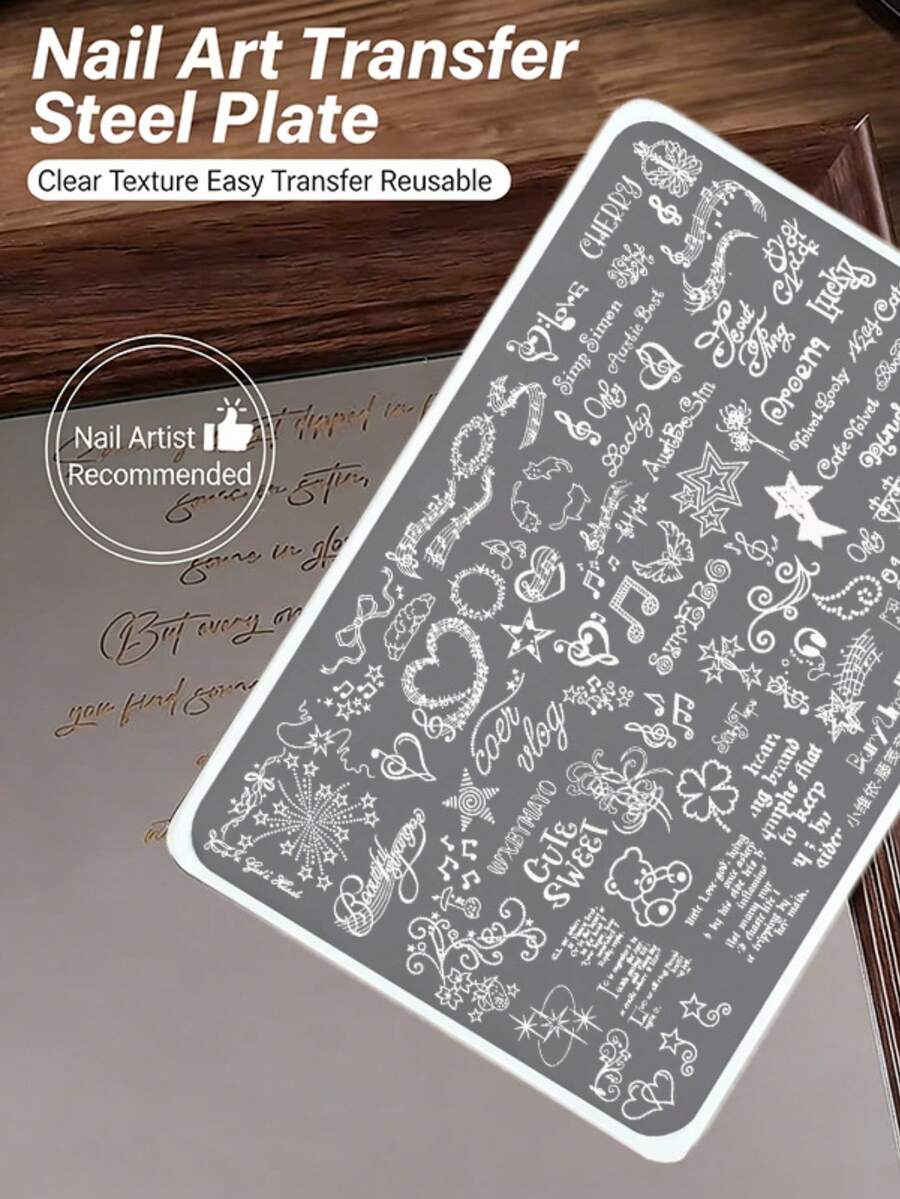 1pc New Nail Art Stamping Plate, Music Symbol Floral Vine Pattern Music Notation Nail Design Template, Easy To Use Reusable DIY Nail Transfer Tool, Suitable For Women Girls, Music Theme Nail Art Supplies, Applicable For Acrylic Gel Nail Tips - Multicolor - View 1