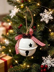 Customized Text Christmas Metal Bell Ornament, Personalized Name Christmas Tree Pendant With Pine Cone Plaid Bow Holiday Decor Gift - Multicolor - View 7