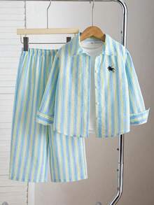 Young Boy Knight Print Shirt And Striped Long Pants Set - Baby Blue - View 1