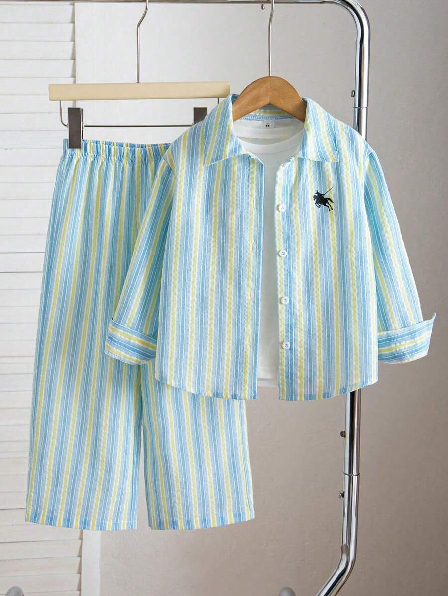 Young Boy Knight Print Shirt And Striped Long Pants Set - Baby Blue - View 1