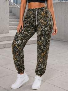 Women's Camo Jogger Pants, Adjustable Drawstring Elastic Waist, Relaxed Fit, Elastic Cuffs, Casual Outdoor Trousers - Grey - View 3