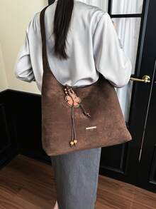 Slender Metal Plaque Hardware Detail Large Capacity Compartment Storage Carry-On Items Zipper Closure Relaxed Vintage Style Shoulder Bag Women Shopping Commuting Outing Large Bag Integrated Wide Strap Minimalist Commuting Large Bag - Coffee - View 5