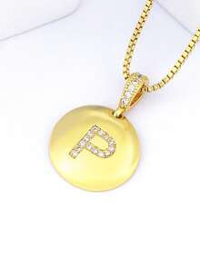 1pc 18k Gold Plated Copper Necklace With White Zirconia & Fish 26 Letter Pendant, Luxury Minimalist Jewelry Gift For Women - Gold - View 8