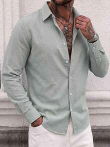 Men's Casual Versatile Solid Color Comfortable Long Sleeve Shirt, Suitable For Daily Wear, Holiday Gift, Bamboo Fiber Solid Color Commute, Skin-Friendly Breathable Casual Style - Mint Green - View 5