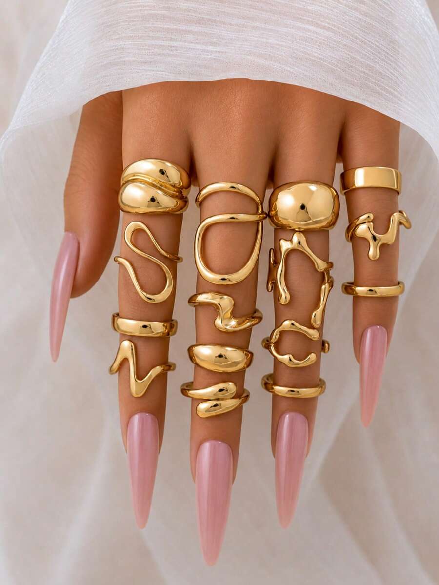 15Pcs/Set Exaggerated Metal Irregular Lines Water Dropl Smooth Rings For Women Men Punk Retro Boho Fashion Jewelry Gift - Yellow Gold - View 1