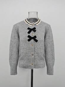 Korean Style Lace Trim Bow Single-Breasted Knit Cardigan Sweater For Women, Autumn/Winter Elegant Knitwear - Grey - View 8